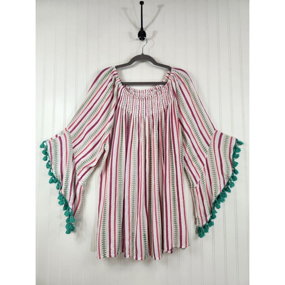 Studio West Boho Tassel Pom Pom White Striped Smocked Bell Sleeve Tunic Top XXL